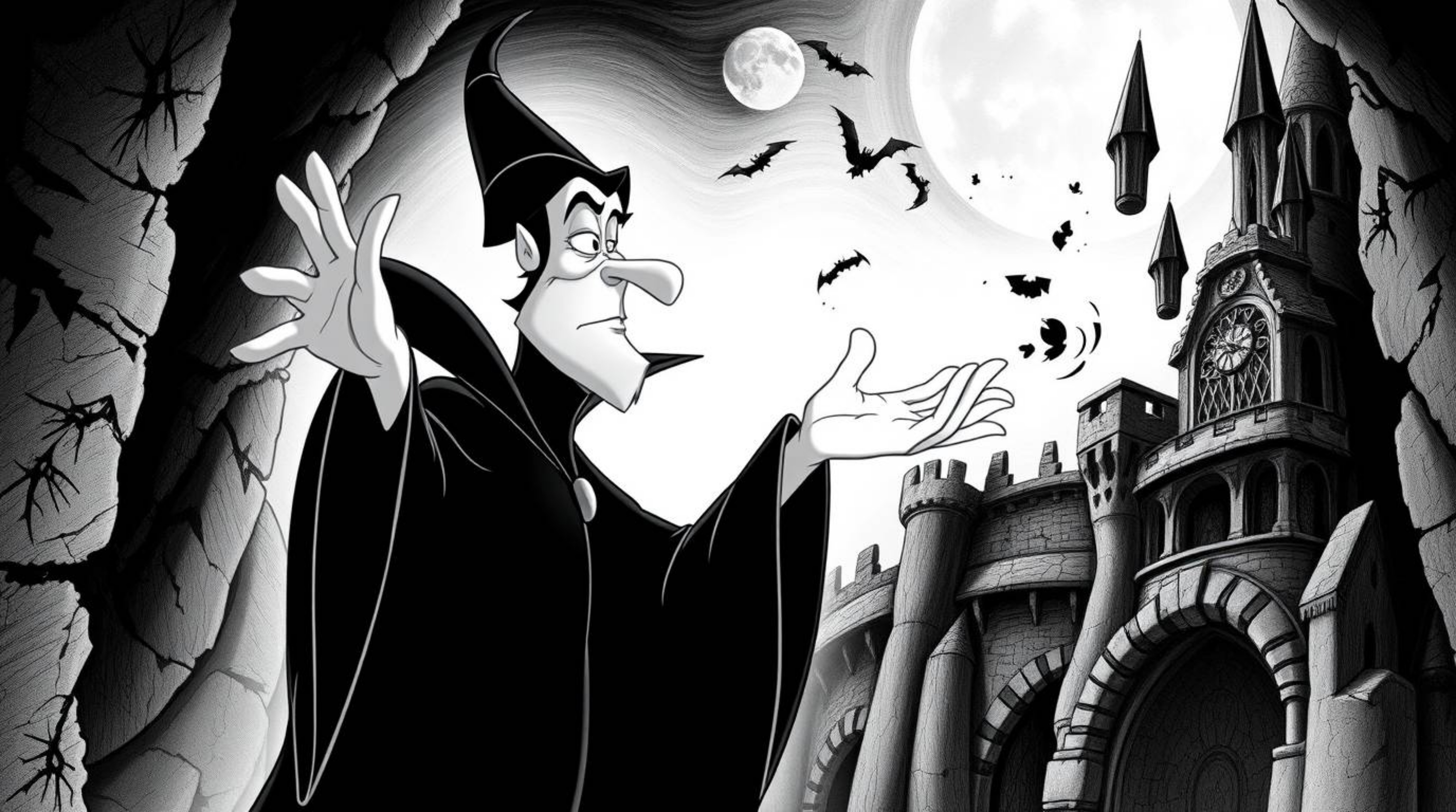 A classic Disney villain, rendered in stark black and white, casts a spell within the crumbling walls of a detailed castle. T
