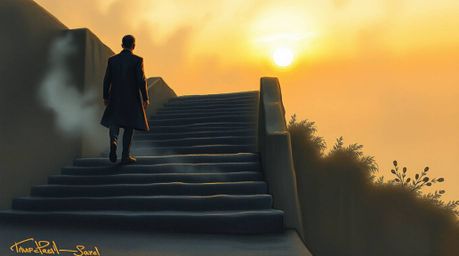 A lone figure ascends a weathered stone staircase towards a radiant, divine light, bathed in the warm hues of the golden hour