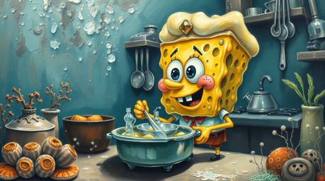 A charming oil painting showcases an adorable sponge character playfully cooking in a whimsical underwater kitchen.  The artw