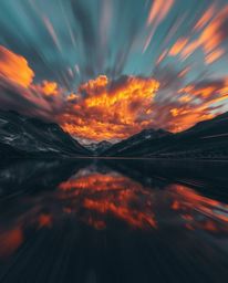 A dynamic action shot captures the reflections of fiery clouds in a mountain lake. The scene is characterized by strong, hard