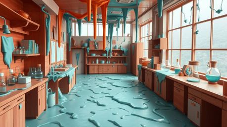 Immerse yourself in a slime-covered science lab reimagined in intricate origami style. The artwork uses a captivating blend o