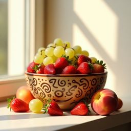 A captivating still life scene features a beautifully crafted, earthy-toned ceramic bowl brimming with vibrant, ripe fruit. J