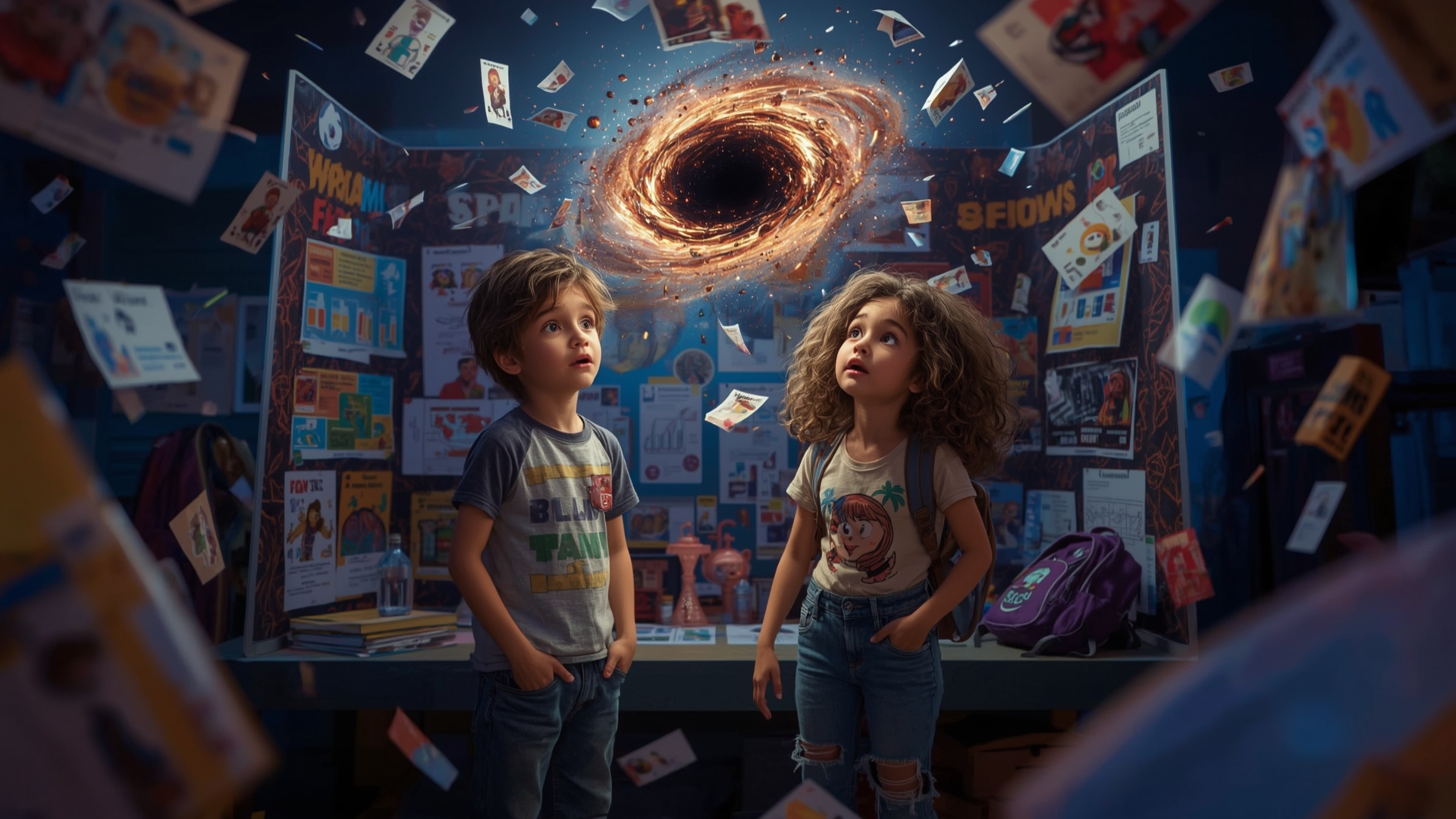 In a vibrant, cinematic photograph rendered in a hyper-realistic, Pixar-inspired style, a dynamic science fair duo unwittingl