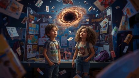 In a vibrant, cinematic photograph rendered in a hyper-realistic, Pixar-inspired style, a dynamic science fair duo unwittingl