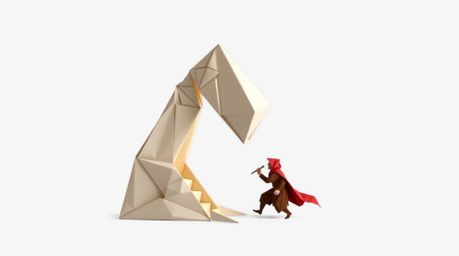 This intricate origami-style illustration depicts an anvil poised to fall upon a trickster character, meticulously crafted fr