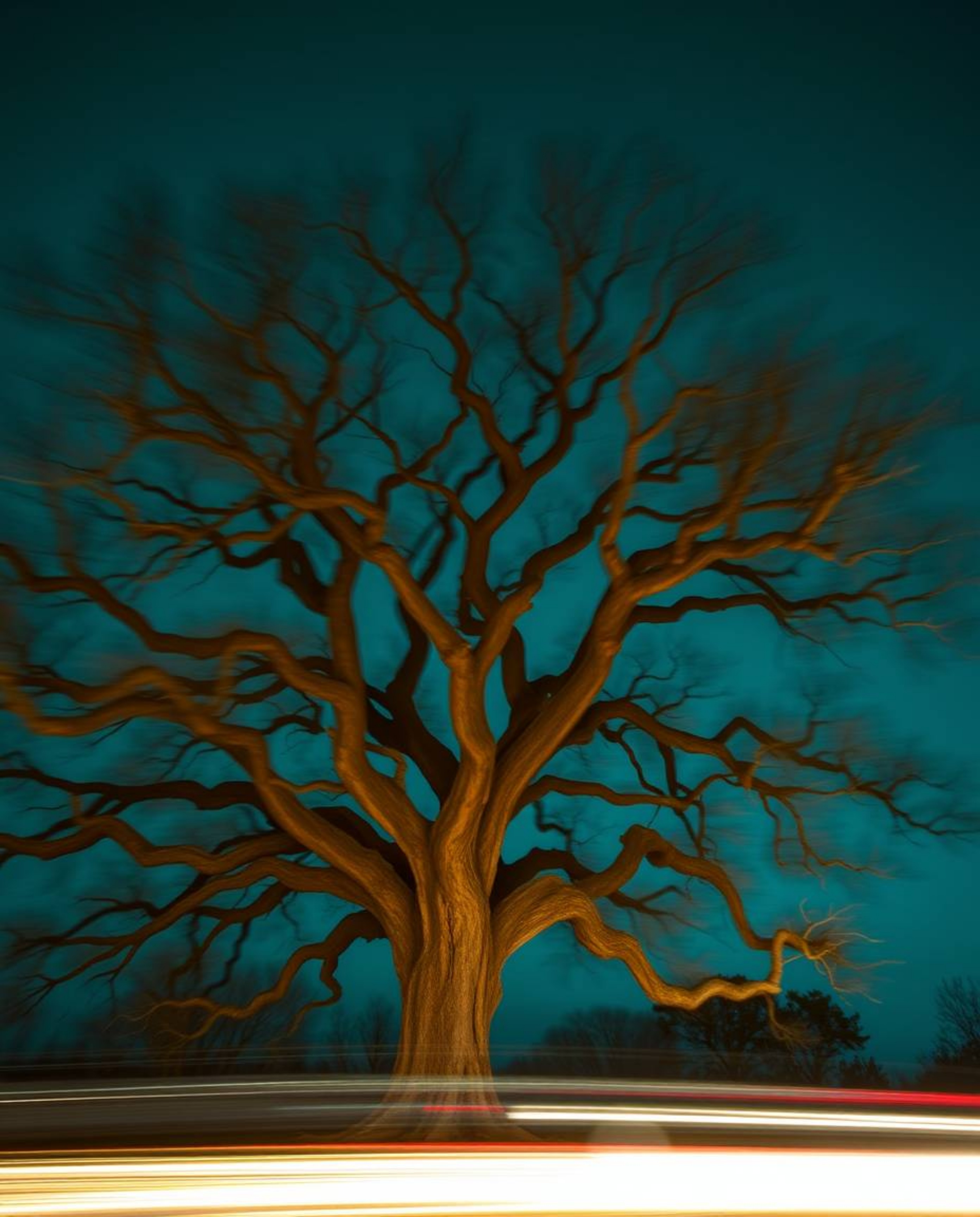 Long exposure photography captures a rich deep teal sunset behind an old oak tree with twisted branches. This luxurious and v