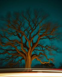 Long exposure photography captures a rich deep teal sunset behind an old oak tree with twisted branches. This luxurious and v