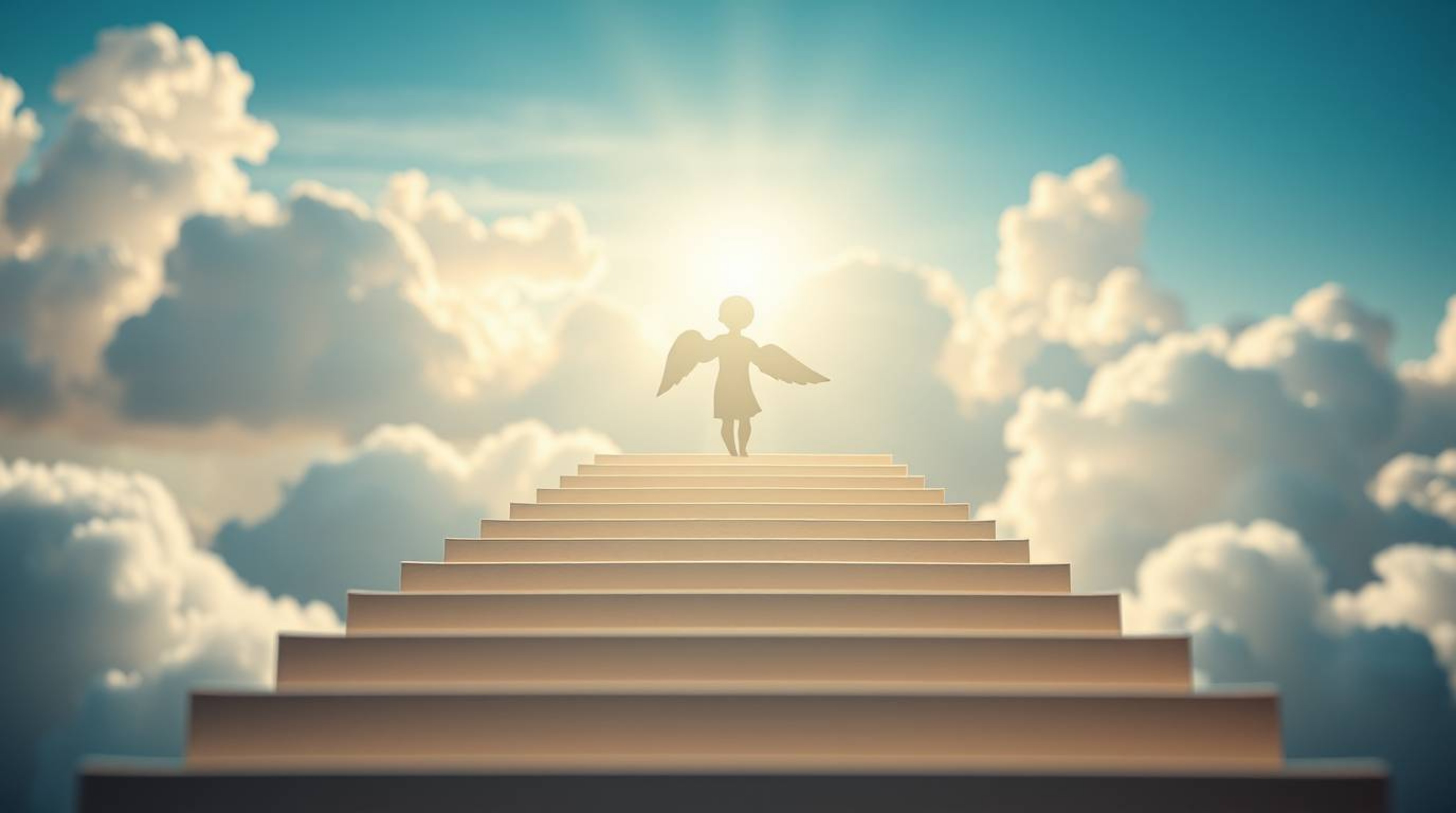 This artwork captures a surreal and dreamlike scene where steps of light ascend into a cloudy sky, with angelic figures watch
