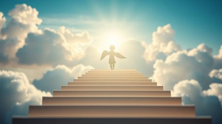 This artwork captures a surreal and dreamlike scene where steps of light ascend into a cloudy sky, with angelic figures watch