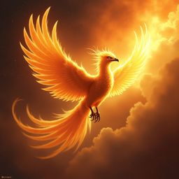 A majestic celestial phoenix, adorned with intricately detailed, iridescent golden feathers that shimmer with an ethereal glo