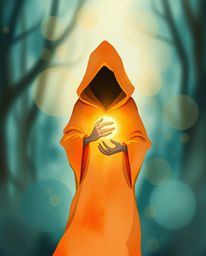 This delicate watercolor painting captures a cloaked figure in a misty forest, holding a glowing orb. The warm terracotta and