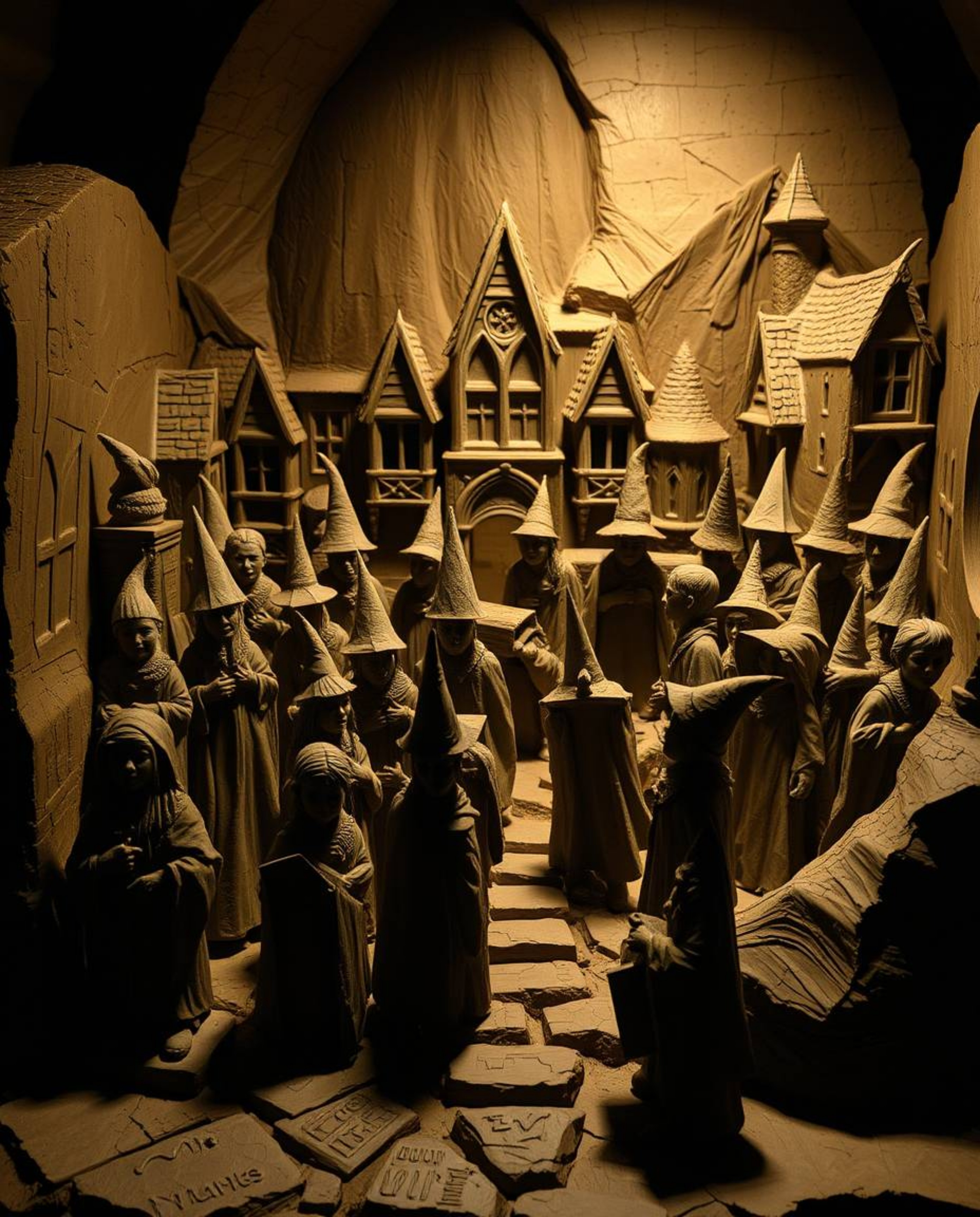 A captivating clay sculpture depicting a magical school brimming with young wizards, brought to life with striking chiaroscur
