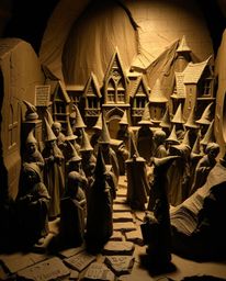 A captivating clay sculpture depicting a magical school brimming with young wizards, brought to life with striking chiaroscur