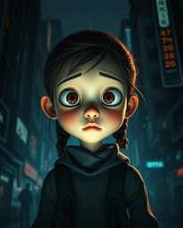 A young inventor girl with fair skin and a curious expression stands in a futuristic city, rendered in a Pixar-like style wit