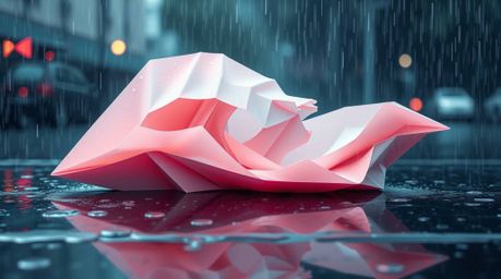 This artwork presents an intricate origami-style depiction of a fluid abstract wave, rendered with a soft pastel gradient. Se