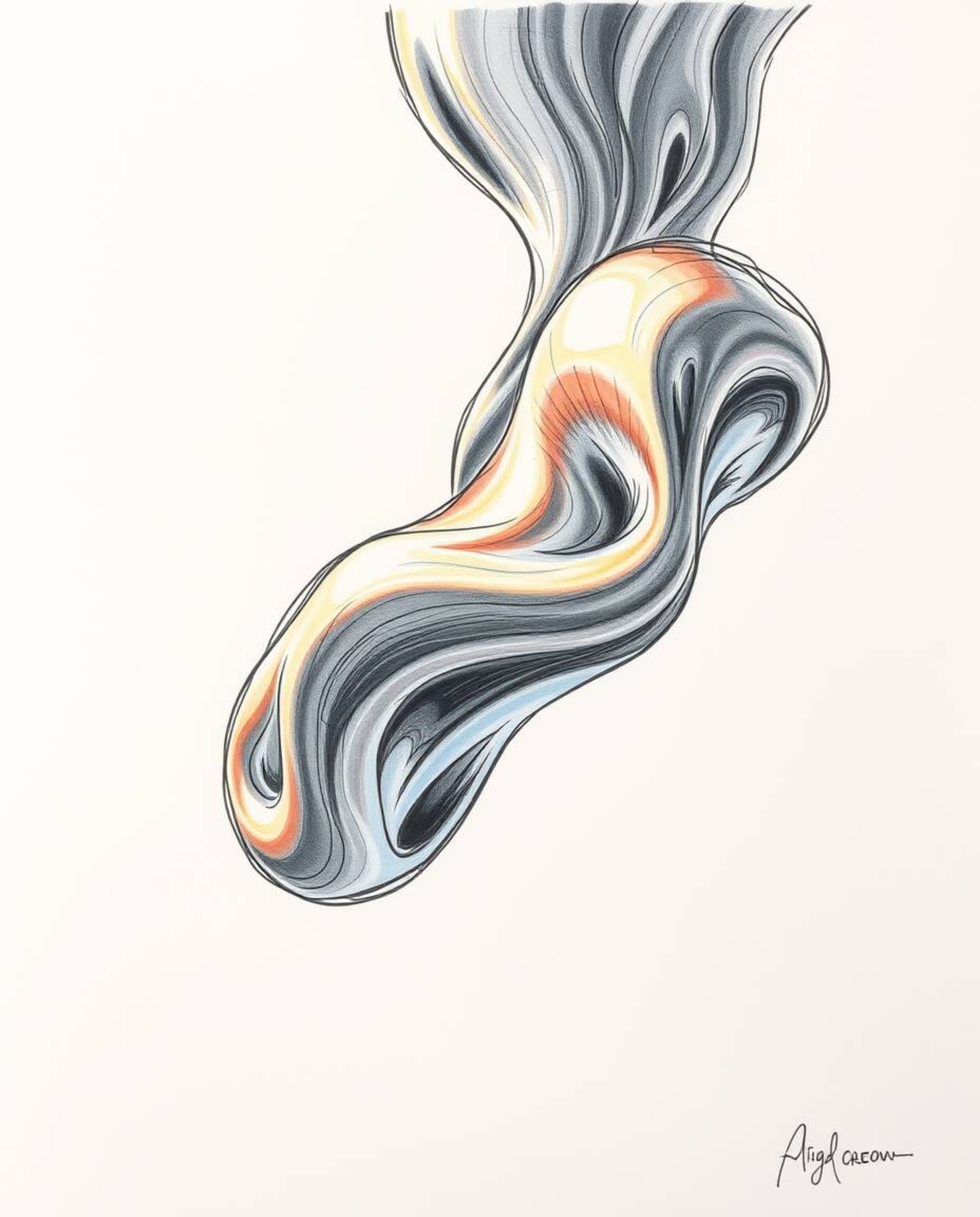 A hand-drawn sketch aesthetic meets smooth 3D fluid shapes with metallic textures, creating a captivating scene.  Dramatic li