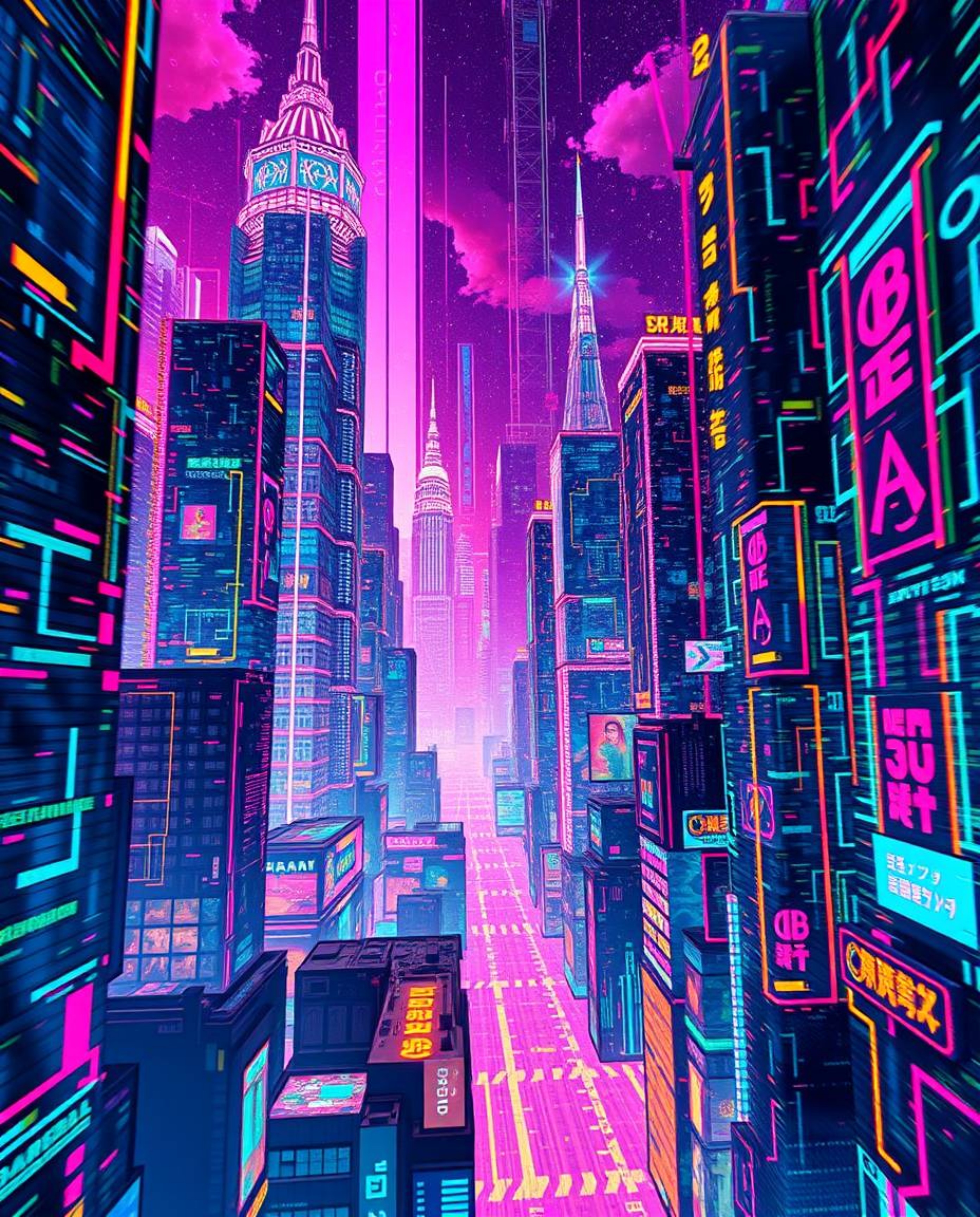 A captivating Isekai-style anime artwork showcasing a glitchy digital landscape. Distorted skyscrapers pierce a sky filled wi