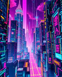 A captivating Isekai-style anime artwork showcasing a glitchy digital landscape. Distorted skyscrapers pierce a sky filled wi