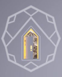 A tight close-up shot showcasing a geometric logo design, paired with an ancient doorway glowing with runes set into the side