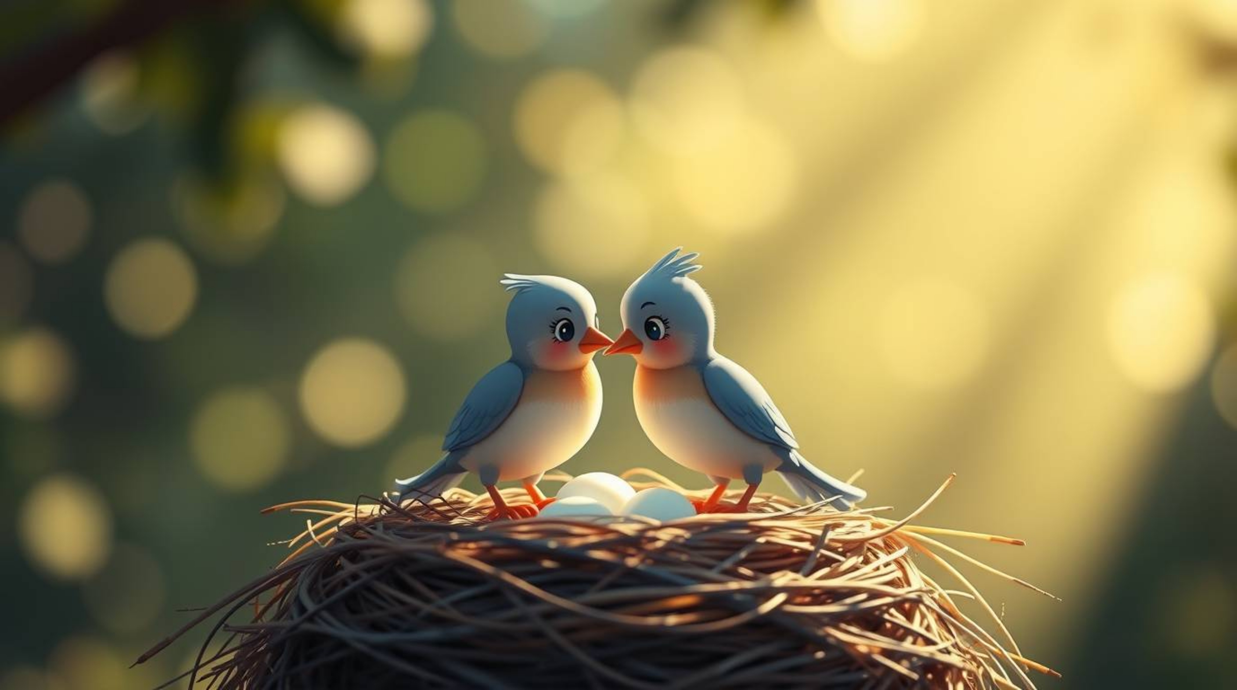 A charming illustration in classic animation style depicts two cartoon birds diligently constructing a nest.  The scene is ba