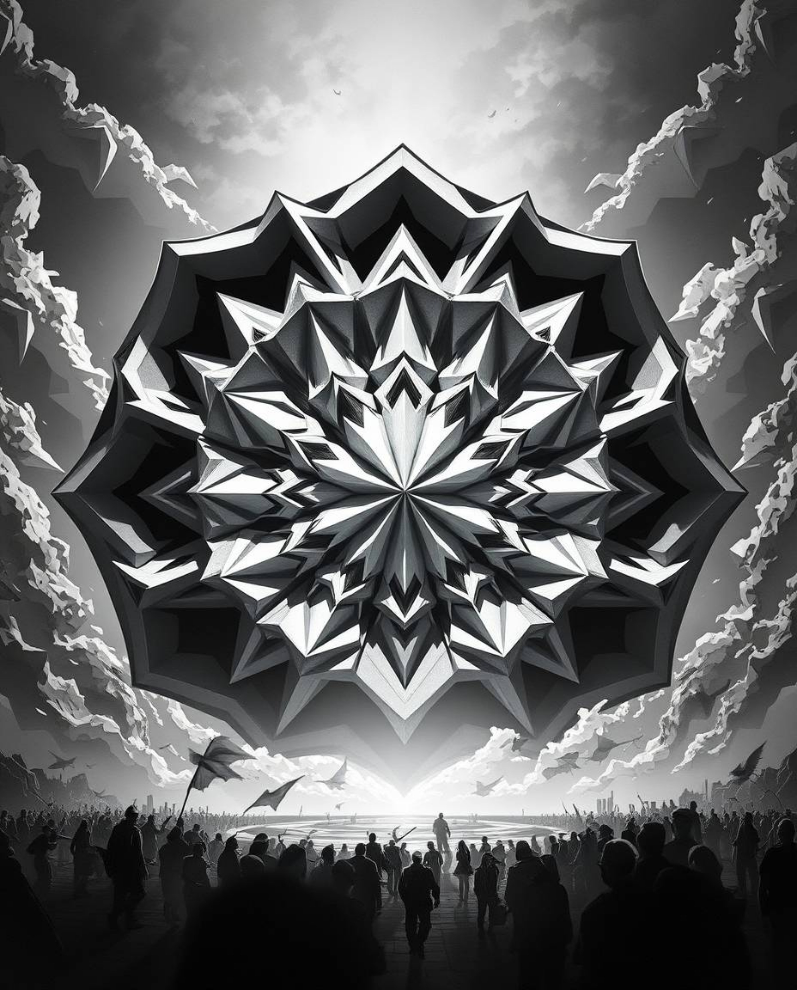 A captivating 3D rendering showcases a geometric pattern reminiscent of folded paper, styled in the spirit of Isekai anime.  