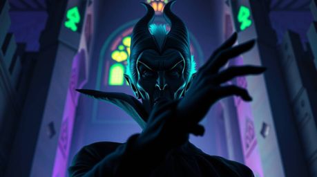 Captivating low-angle photography showcasing a classic Disney villain with intense eyes and dark skin casting a spell within
