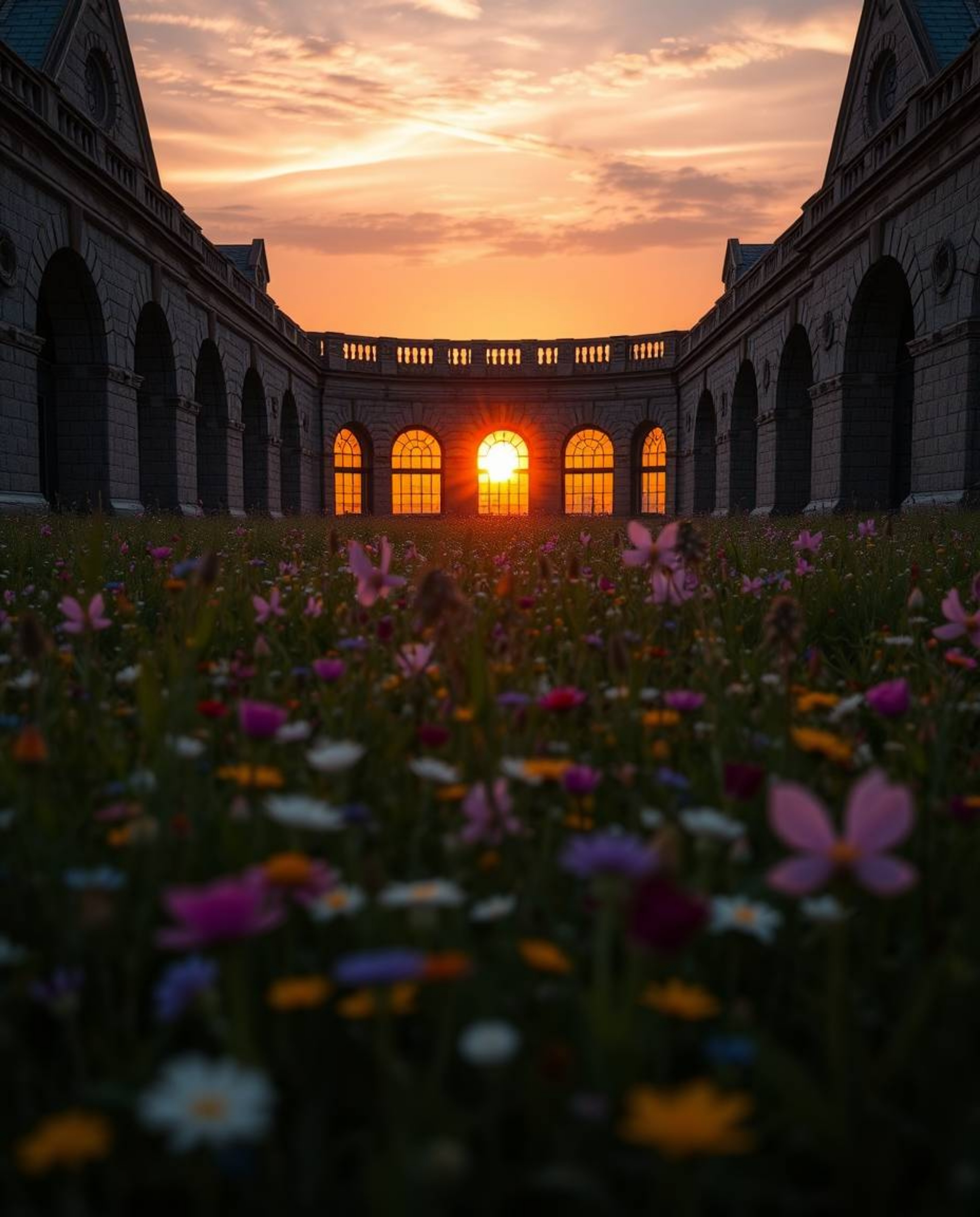 A precise architectural color photograph capturing a wide-angle shot of a sunset over a spring wildflower meadow. This image 
