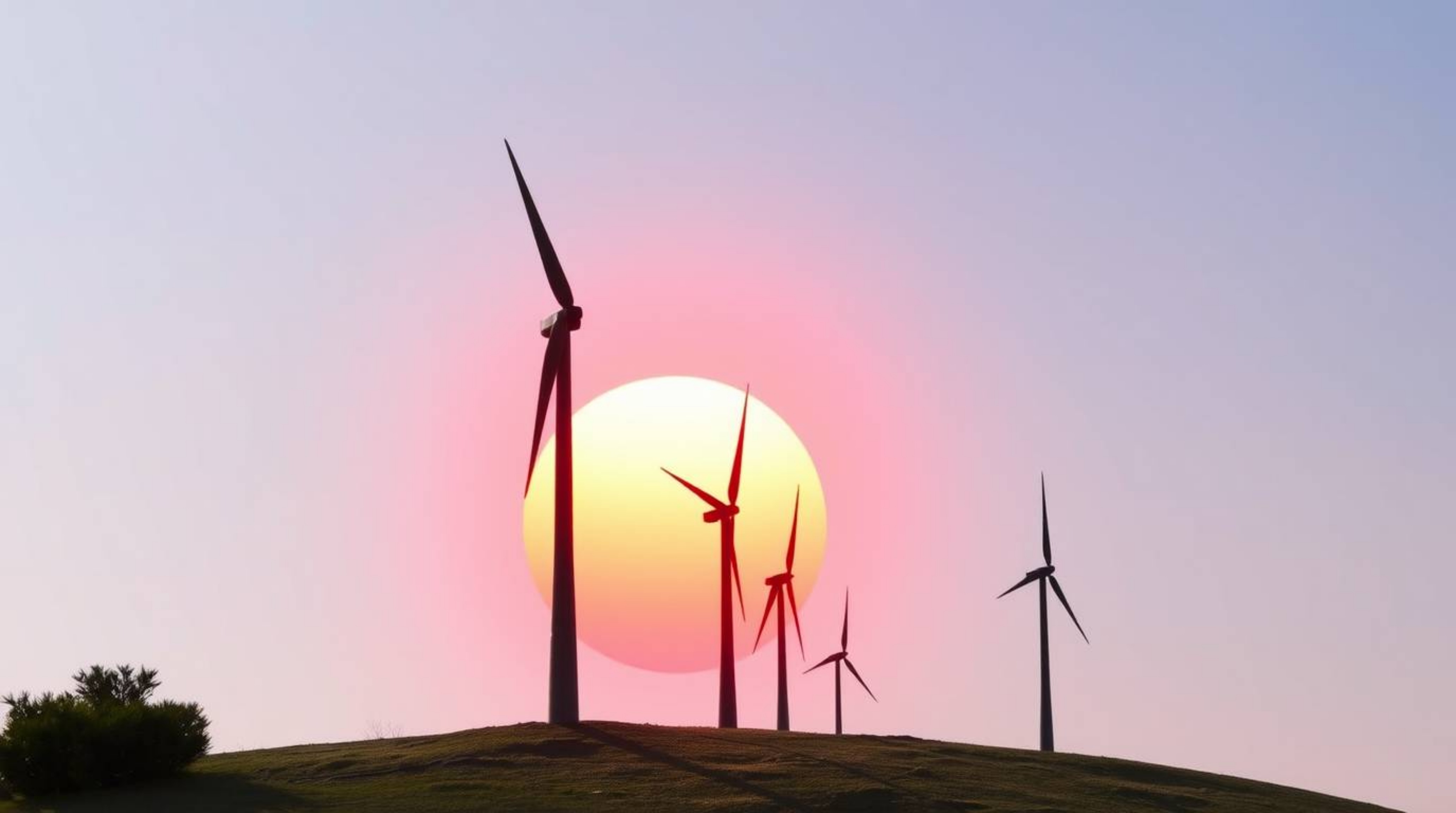 A captivating cast bronze sculpture depicts a charming sunset behind a picturesque row of wind turbines perched on a hill.  T