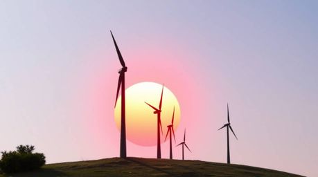 A captivating cast bronze sculpture depicts a charming sunset behind a picturesque row of wind turbines perched on a hill.  T