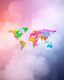 This image showcases a soft, cinematic haze effect with bright, vibrant colors. Colorful splashes form a world map, creating 