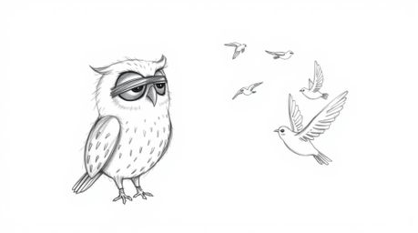 A heartwarming hand-drawn sketch in the style of Pixar depicts a blind owl with gentle features patiently teaching several bi