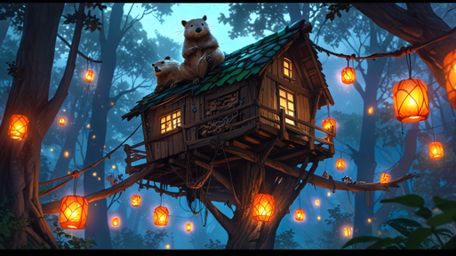 In a beautifully magical scene, crafted in a hybrid Pixar and anime style, a kind beaver and a community of orphaned animals