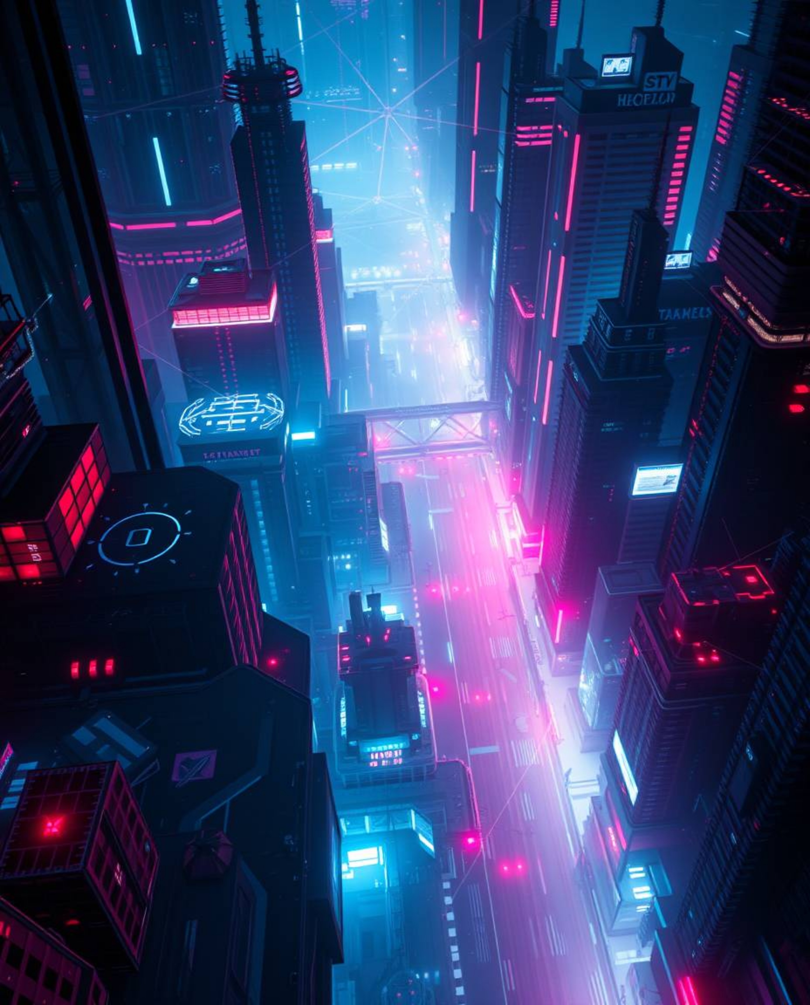 A captivating high-angle view of a futuristic city rendered in a glitch mode, showcasing a sophisticated and elegant aestheti