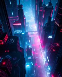 A captivating high-angle view of a futuristic city rendered in a glitch mode, showcasing a sophisticated and elegant aestheti