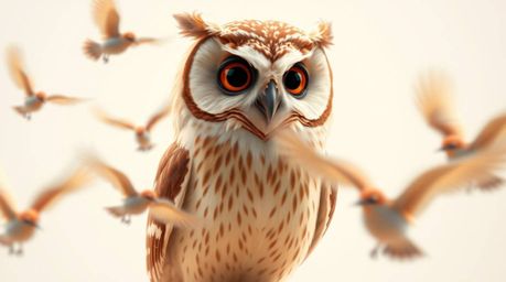 High-resolution stock photo showcasing a wise-looking, blind owl with soft brown plumage in a Pixar style, gently encouraging