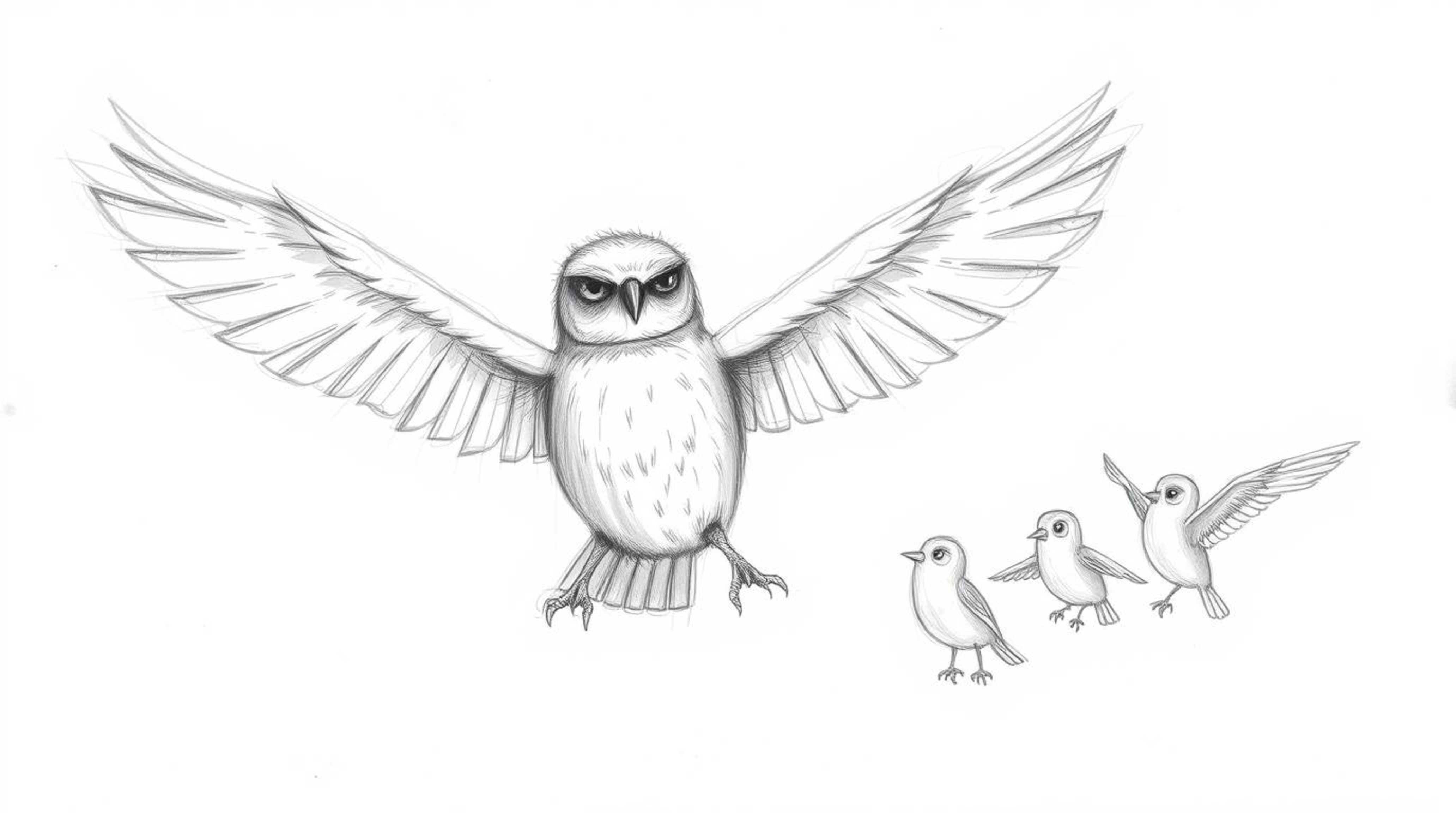 A rough, textured pencil sketch depicts a heartwarming scene: a blind owl, rendered in Pixar style with soft feathers and exp