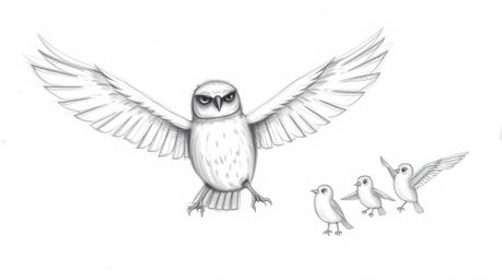 A rough, textured pencil sketch depicts a heartwarming scene: a blind owl, rendered in Pixar style with soft feathers and exp