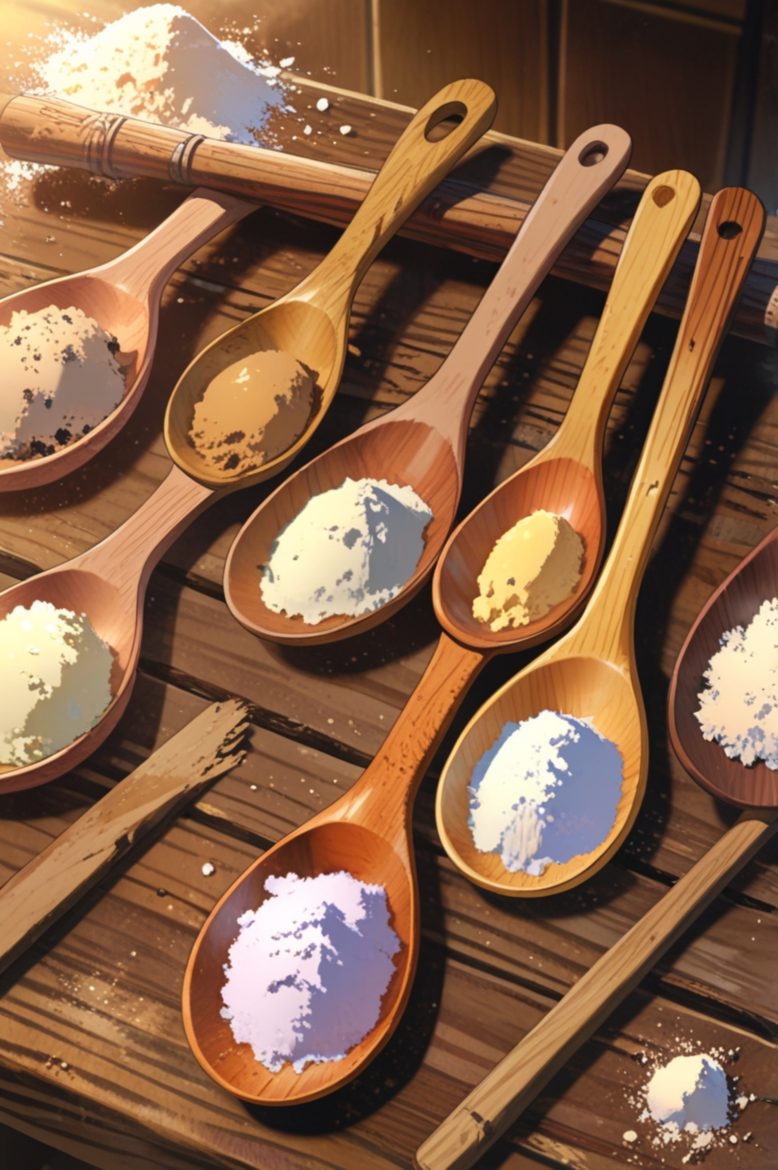 Capture the essence of rustic charm with these hand-carved wooden spoons resting elegantly on a weathered wooden table, amids