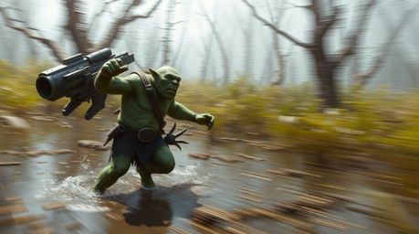 A dynamic, futuristic sci-fi image of an ogre dancing in a swamp.  Blurred lines and action poses create a sense of motion, e