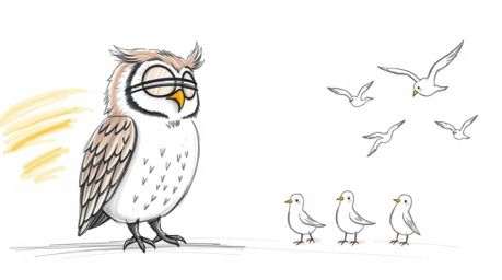 A heartwarming hand-drawn sketch in the style of Pixar depicts a blind owl with gentle features teaching a class of flying bi