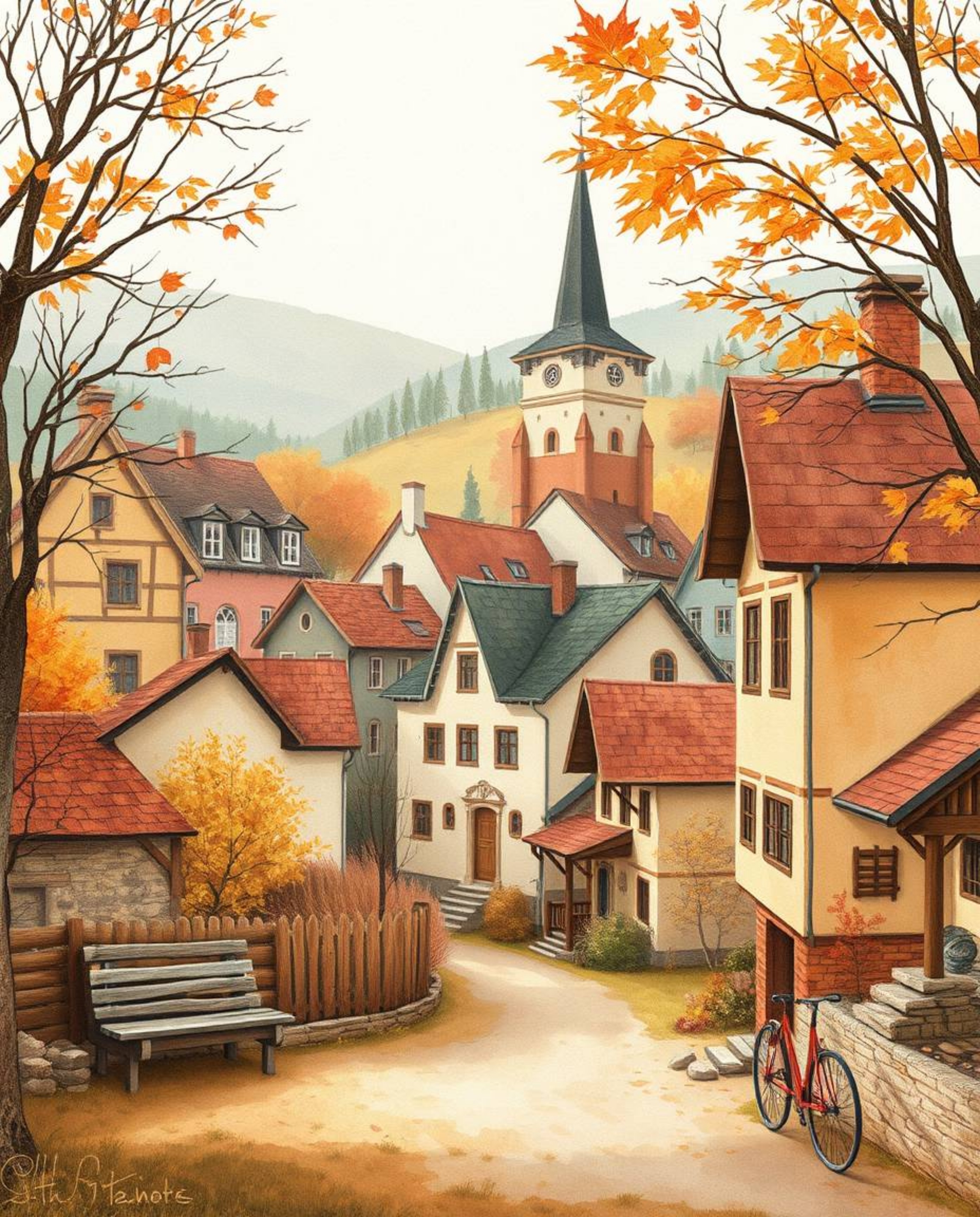 Escape to a charming sleepy town depicted in a serene watercolor style.  Pastel-colored houses nestled together create a warm