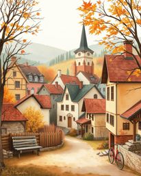 Escape to a charming sleepy town depicted in a serene watercolor style.  Pastel-colored houses nestled together create a warm