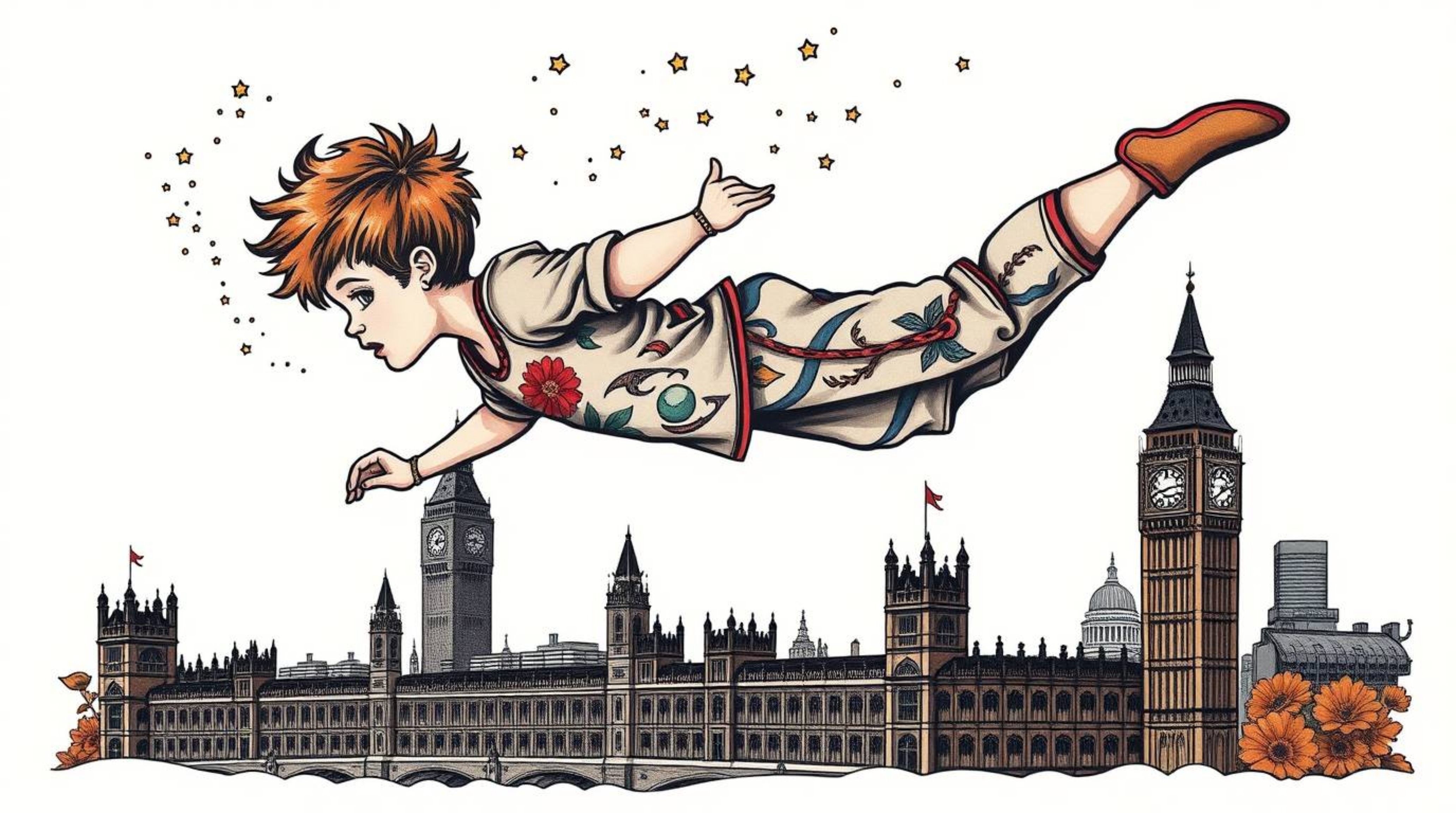 This vibrant art print depicts a young boy soaring above the London skyline, propelled by shimmering pixie dust. The design b
