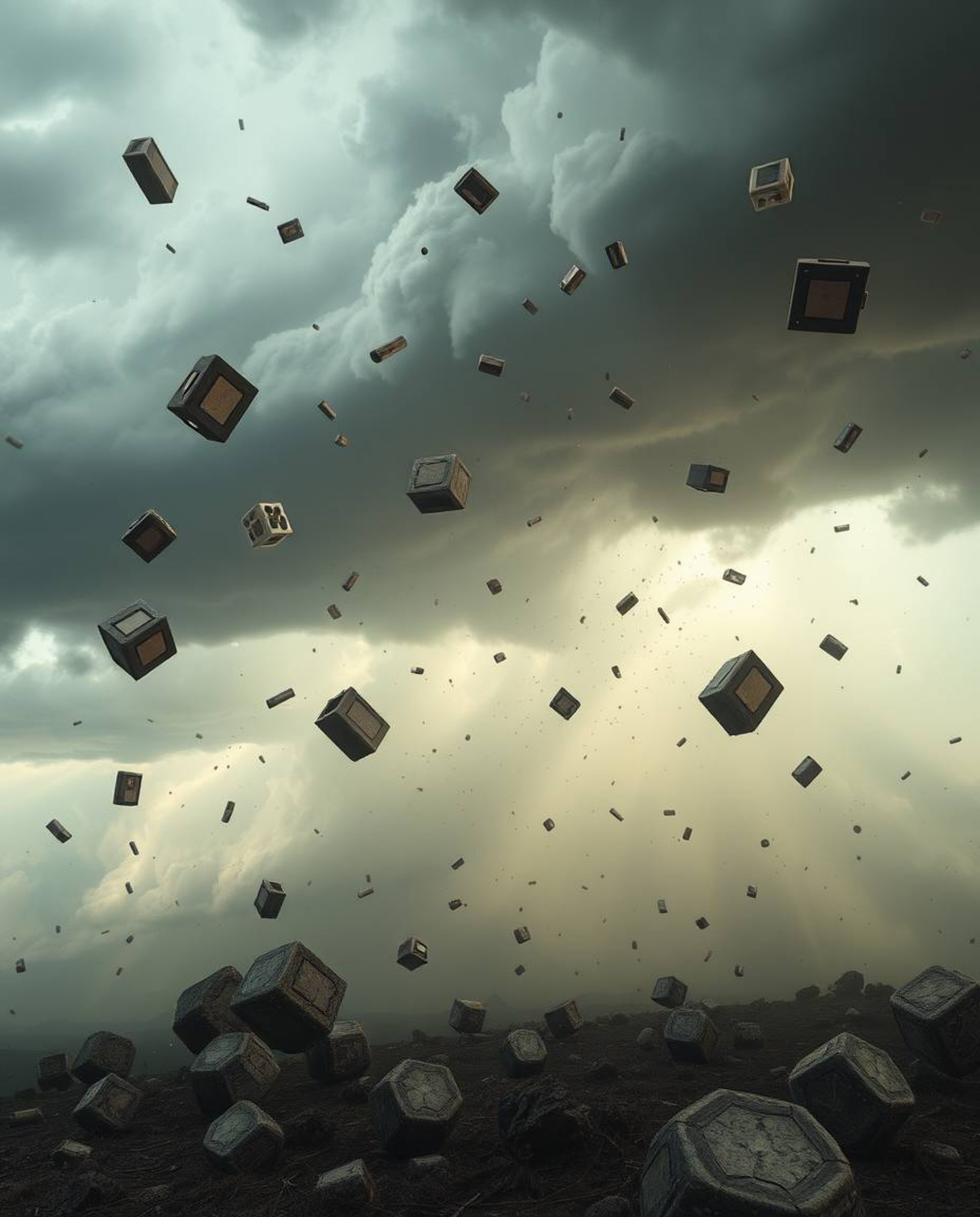 Experience a surreal storm where everyday objects take flight amidst broken gravity, all rendered in soft pastel hues. The sc