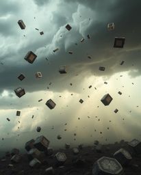 Experience a surreal storm where everyday objects take flight amidst broken gravity, all rendered in soft pastel hues. The sc