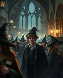This digital painting showcases a magical school teeming with young wizards, rendered in a strong, moody style. A blurred bok
