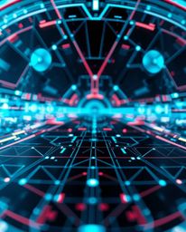 An Isekai anime-style extreme macro close-up showcases a futuristic digital interface composed of intricate geometric pattern