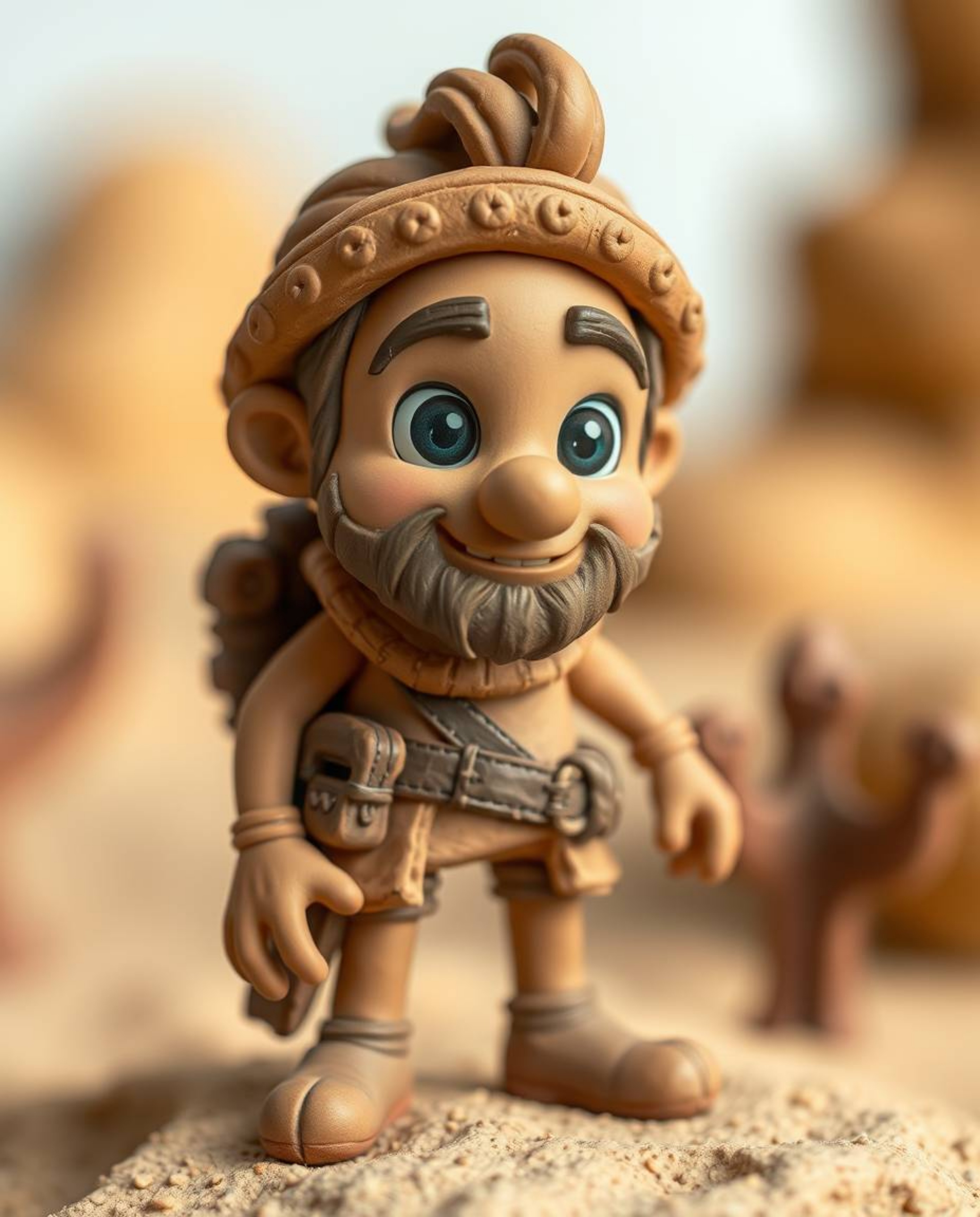 This captivating clay art piece depicts a brave, Disney-style hero embarking on a thrilling desert adventure. The modeled sha