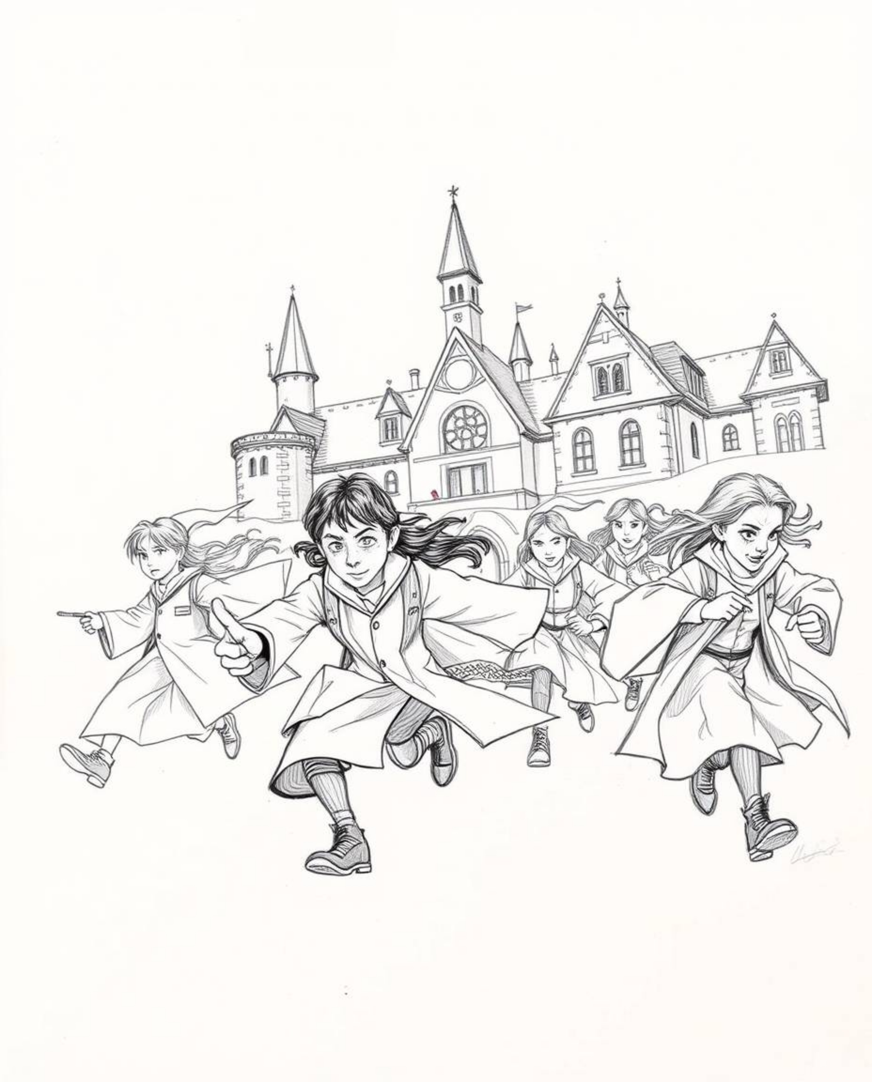 Explore a dynamic, hand-drawn sketch of a magical school bustling with young wizards. This illustration features rough lines,