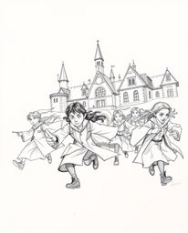 Explore a dynamic, hand-drawn sketch of a magical school bustling with young wizards. This illustration features rough lines,